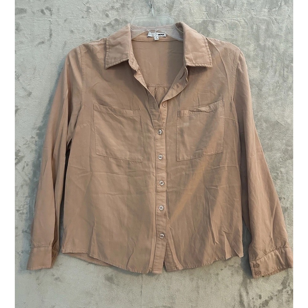 Fashion Nova Blouse Women Medium Button Front Tan Long Sleeve Utility Top Casual